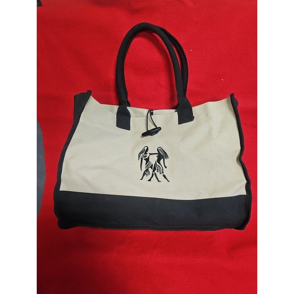 Zodiac Canvas Tote Bag Embroidered Aquarius 17x12x6 Toggle Clasp Zip Pocket